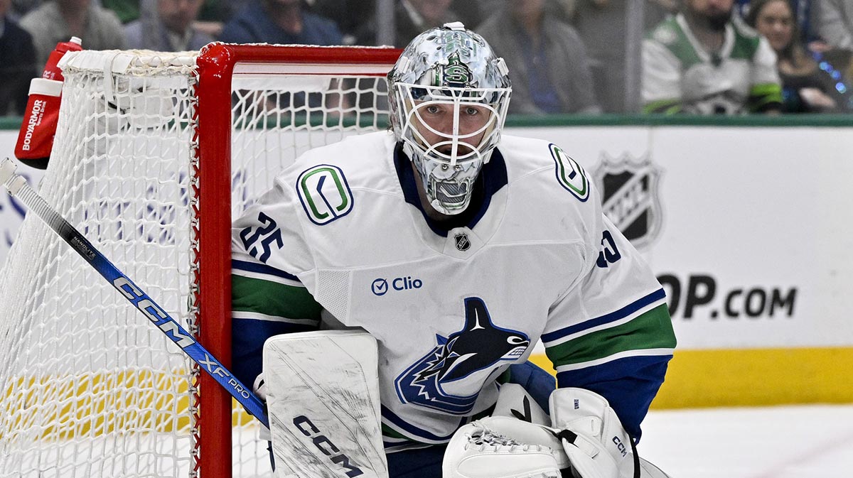 Vancouver Canucks goaltender Thatcher Demko (35) faces the Dallas Stars attack during the second period at the American Airlines Center.