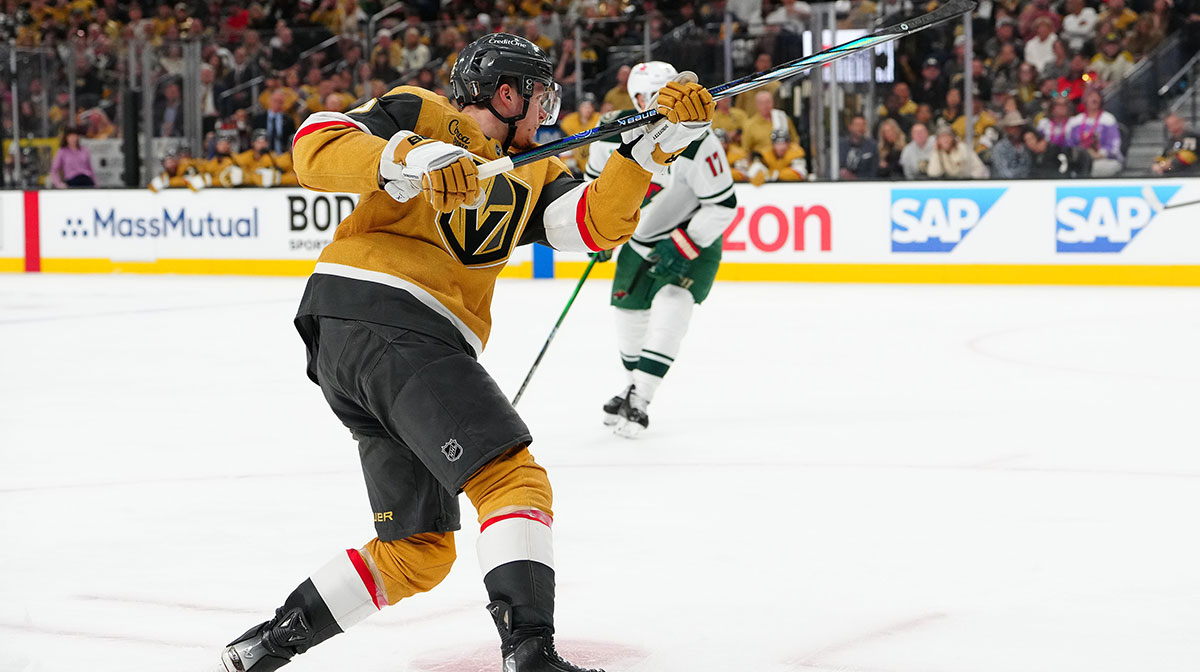 Vegas Golden Knights left wing Pavel Dorofeyev (16) scores a goal against the Minnesota Wild during the second period of game one of the first round of the 2025 Stanley Cup Playoffs at T-Mobile Arena.