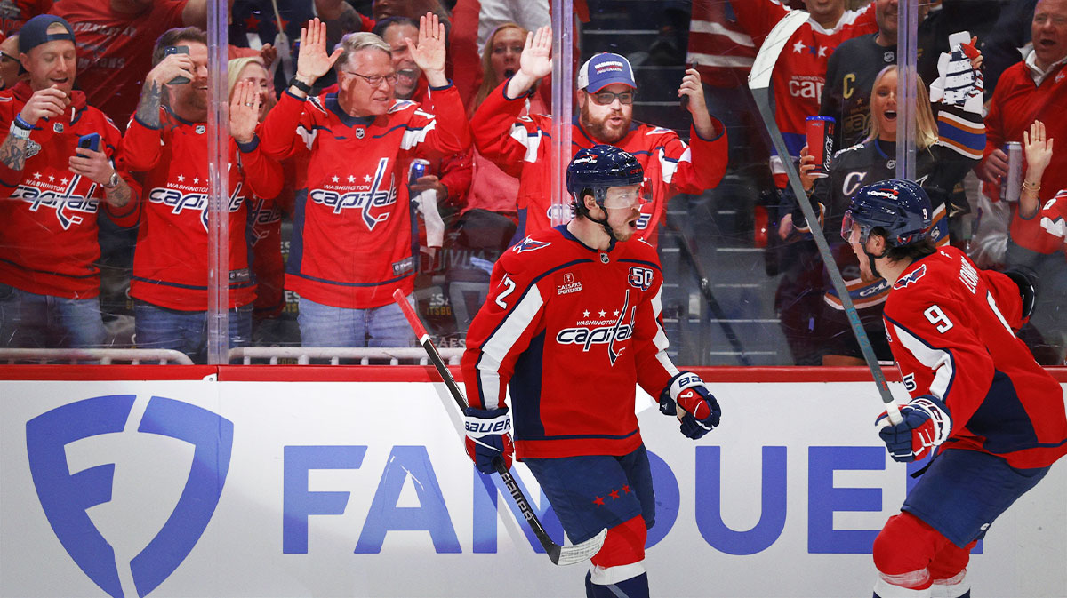 Washington Capitals left wing Anthony Beauvillier (72) celebrates with Capitals right wing Ryan Leonard (9) after scoring a goal against the Carolina Hurricanes in the first period in game five of the second round of the 2025 Stanley Cup Playoffs at Capital One Arena.