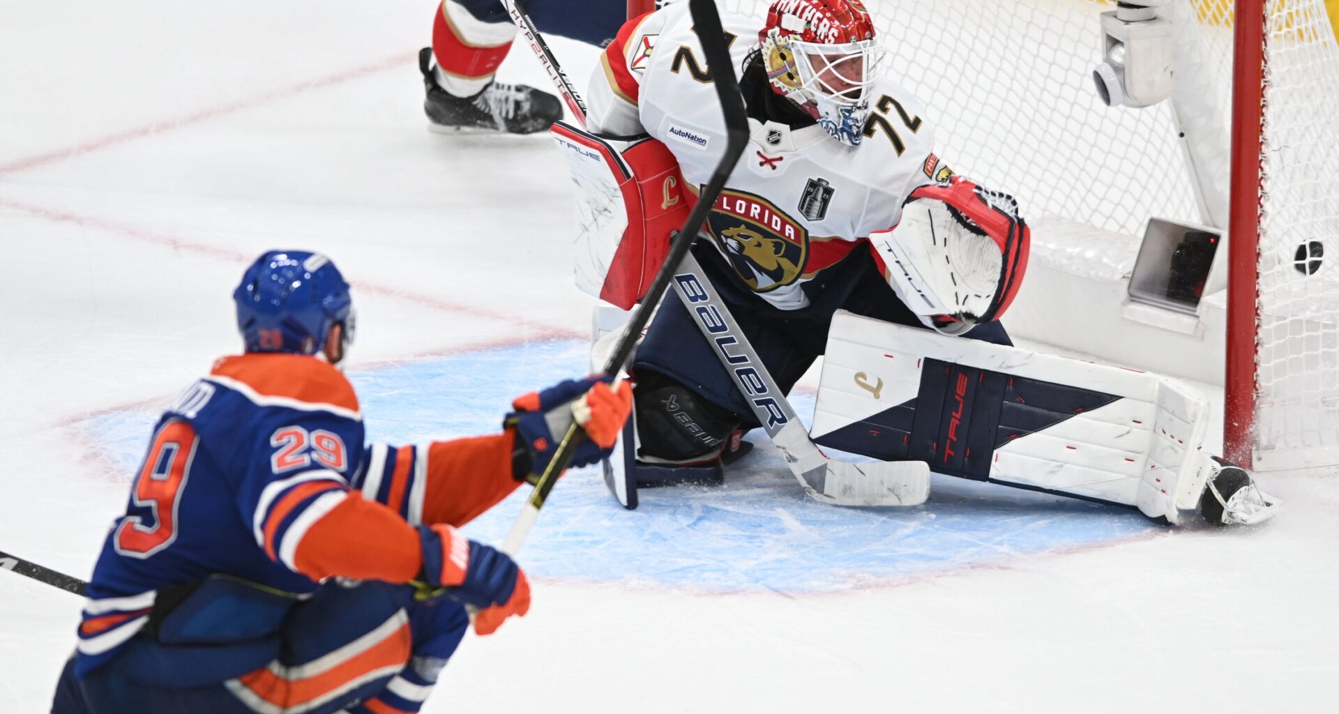 Edmonton Oilers center Leon Draisaitl (29) scores the game winning goal in overtime against the Florida Panthers in game one of the 2025 Stanley Cup Final at Rogers Place.