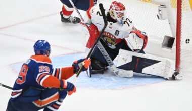 Edmonton Oilers center Leon Draisaitl (29) scores the game winning goal in overtime against the Florida Panthers in game one of the 2025 Stanley Cup Final at Rogers Place.
