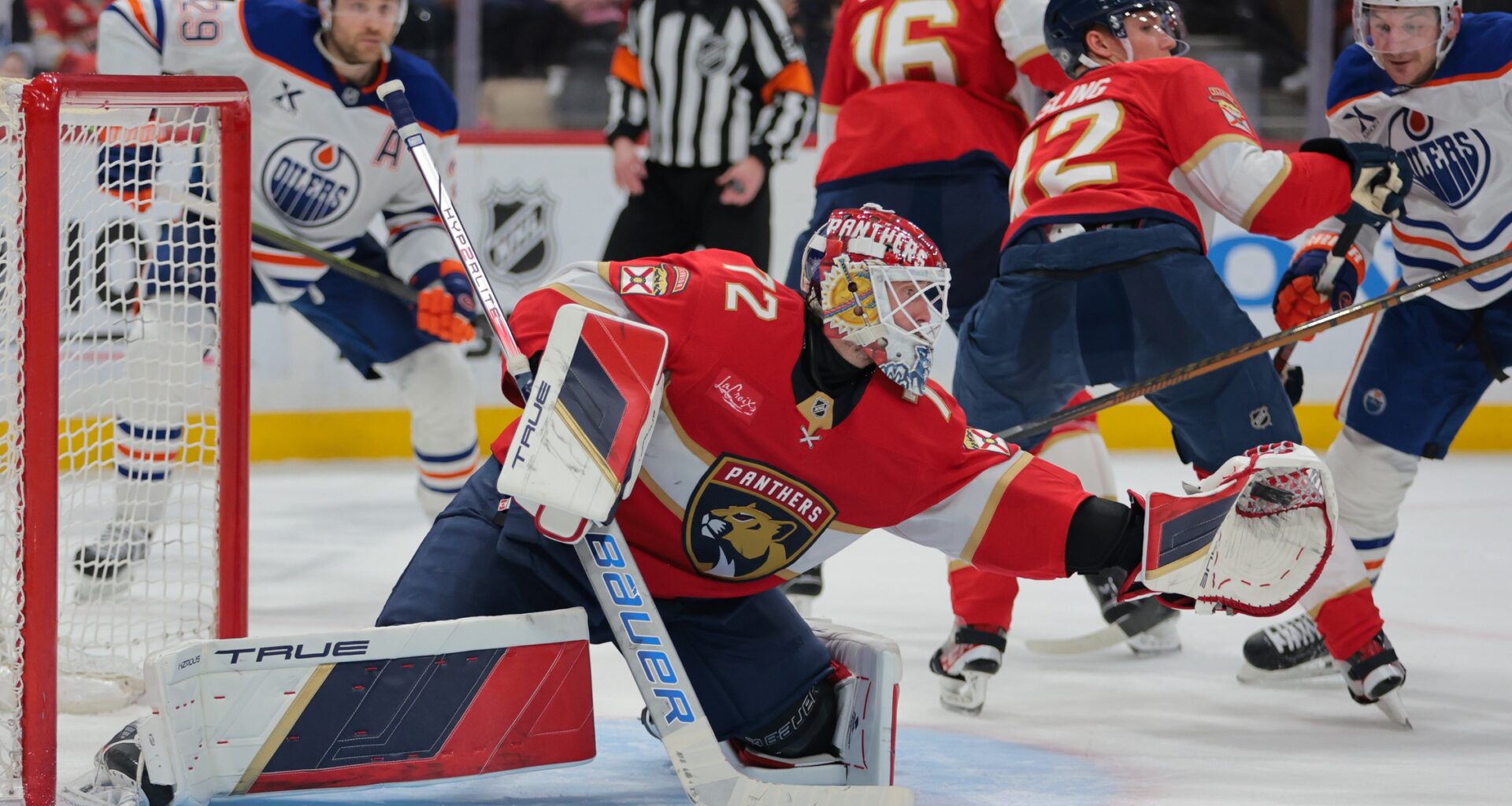 Florida Panthers goaltender Sergei Bobrovsky (72) makes a save against the Edmonton Oilers during the third period at Amerant Bank Arena.