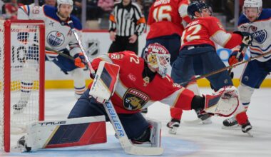 Florida Panthers goaltender Sergei Bobrovsky (72) makes a save against the Edmonton Oilers during the third period at Amerant Bank Arena.