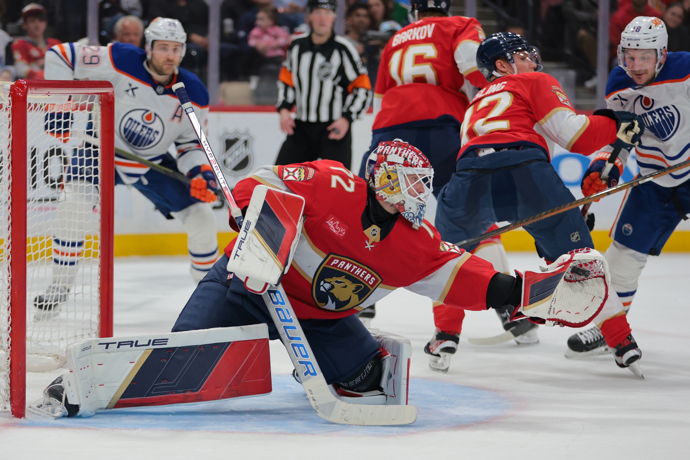 Florida Panthers goaltender Sergei Bobrovsky (72) makes a save against the Edmonton Oilers during the third period at Amerant Bank Arena.