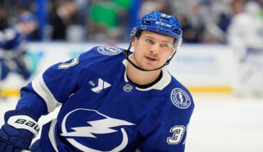 FILE - Tampa Bay Lightning center Yanni Gourde skates before an NHL hockey game against the Toronto Maple Leafs, April 9, 2025, in Tampa, Fla. (AP Photo/Chris O'Meara, file)