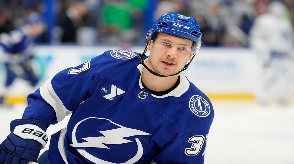 FILE - Tampa Bay Lightning center Yanni Gourde skates before an NHL hockey game against the Toronto Maple Leafs, April 9, 2025, in Tampa, Fla. (AP Photo/Chris O'Meara, file)