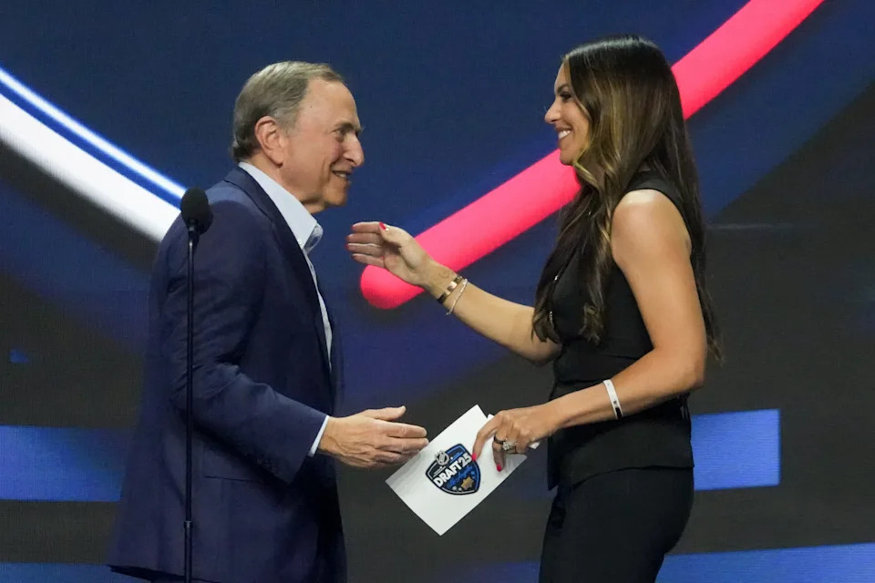 Jun 27, 2025; Los Angeles, California, USA; NHL Commissioner Gary Bettman greets Meredith Gaudreau prior to her announcing the 14th overall pick for the Columbus Blue Jackets in the first round of the 2025 NHL Draft at Peacock Theater. Mandatory Credit: Kirby Lee-Imagn Images