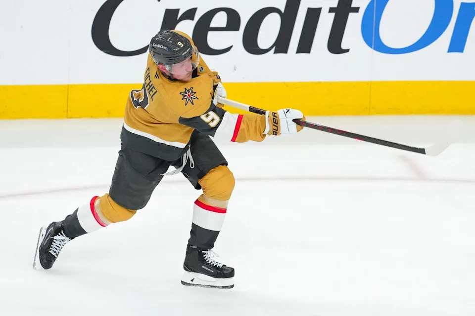 Vegas Golden Knights center Jack Eichel (9) shoots against the Edmonton Oilers during the third period of game one of the second round of the 2025 Stanley Cup Playoffs at T-Mobile Arena.Stephen R. Sylvanie-Imagn Images