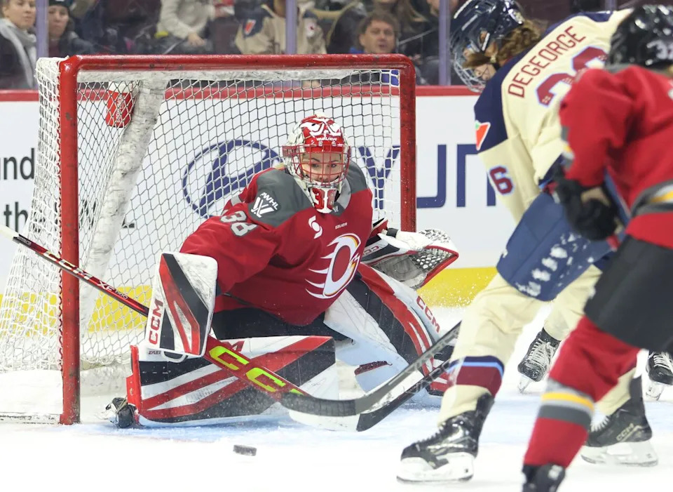 Ottawa goaltender Emerance Maschmeyer, seen above earlier in December, made 34 saves as the Charge downed the New York Sirens 3-1 on Sunday.