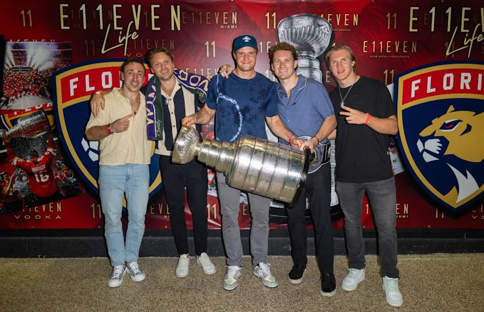 (From left) Brad Marchand, Sam Reinhart, Aleksander Barkov, Matthew Tkachuk and Anton Lundell celebrated the Panthers’ Stanley Cup victory on June 19, 2025. Getty Images for E11EVEN