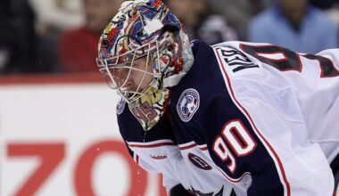 Columbus Blue Jackets goaltender Elvis Merzlikins reacts during the second period of an NHL hockey game against the New Jersey Devils Tuesday, March 11, 2025, in Newark, N.J.