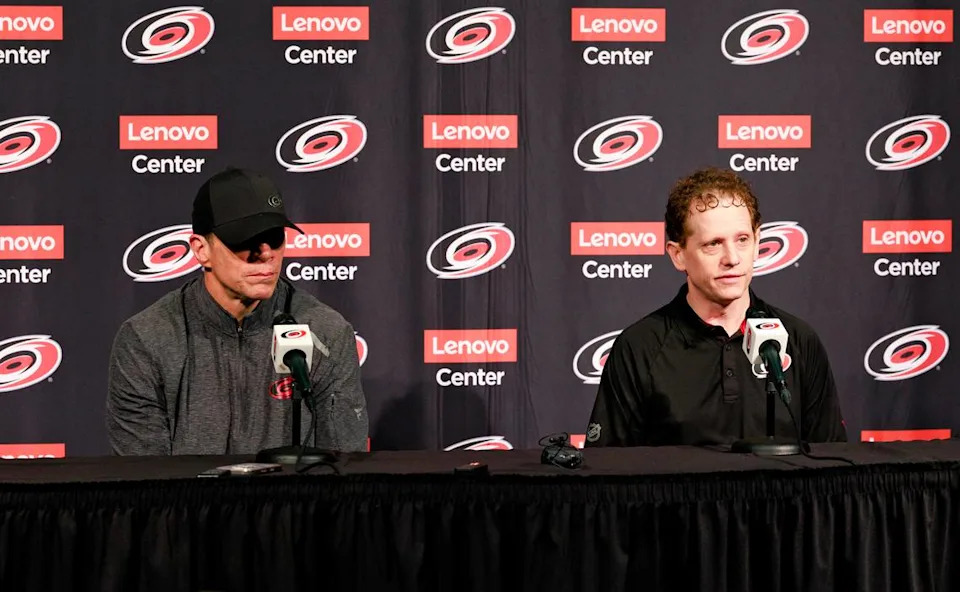 Carolina Hurricanes head coach Rod Brind’Amour and general manager Eric Tulsky take questions from media during a press conference on Tuesday, June 3, 2025, at Lenovo Center in Raleigh, N.C.