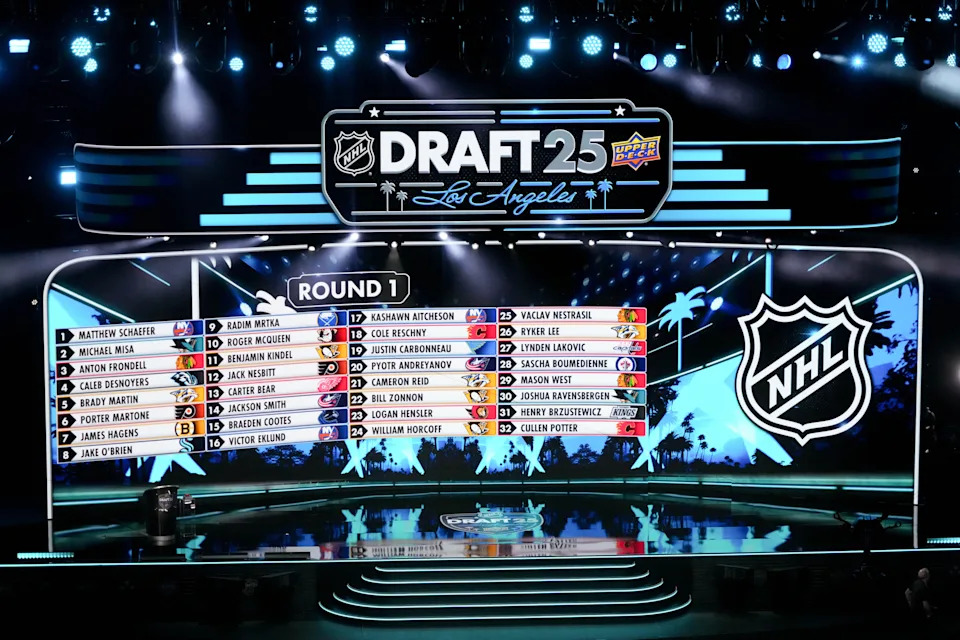 Jun 27, 2025; Los Angeles, California, USA; The draft board is seen following the first round of the 2025 NHL Draft at Peacock Theater. Mandatory Credit: Kirby Lee-Imagn Images