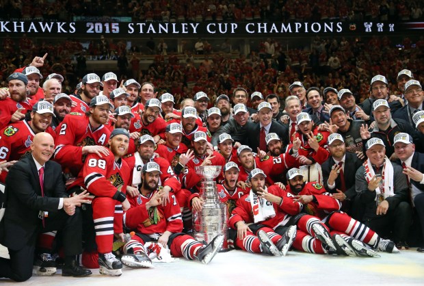 The Chicago Blackhawks celebrate after defeating the Tampa Bay Lightning in Game 6 of the Stanley Cup Final at United Center on June 15, 2015. (Brian Cassella/Chicago Tribune)