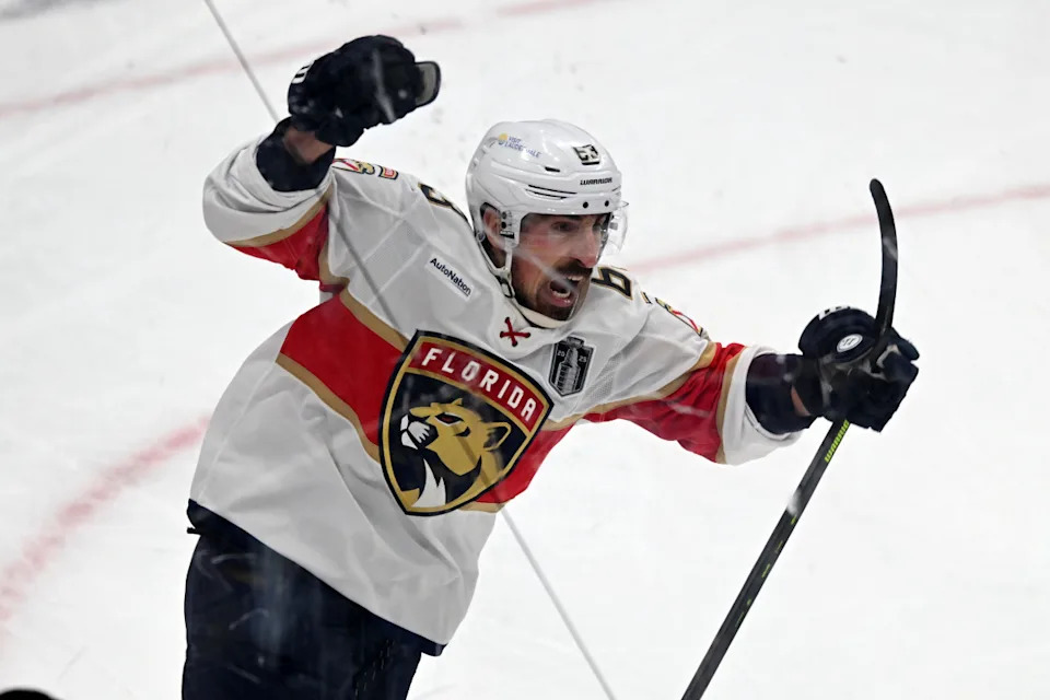 Florida Panthers center Brad Marchand (63) reacts after scoring a goal against the Edmonton Oilers in the 2025 Stanley Cup Final.Perry Nelson-Imagn Images