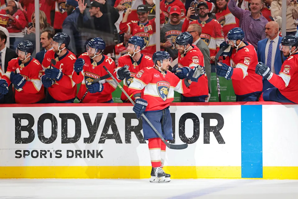 Florida Panthers center Brad Marchand (63) celebrates after a goal during the 2025 Stanley Cup Playoffs.Sam Navarro-Imagn Images