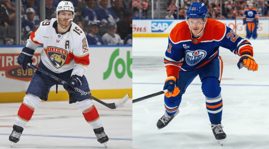 <em>Matthew Tkachuk and Trent Frederic in the 2025 Stanley Cup Playoffs. <strong>(Photos by Claus Andresen & Andy Devlin/NHLI via Getty Images)</strong></em>