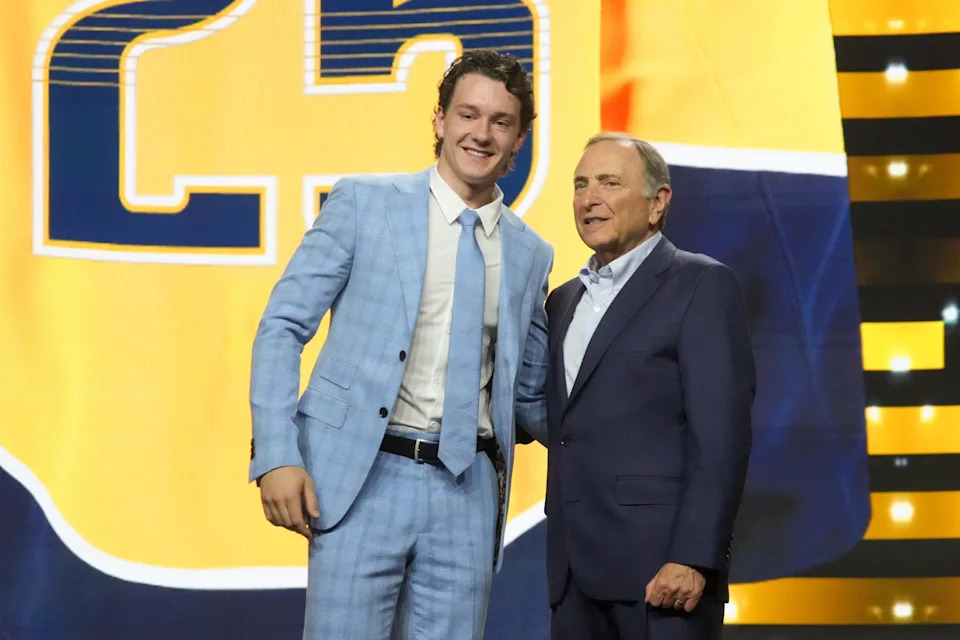 Jun 27, 2025; Los Angeles, California, USA; Cameron Reid is selected as the 21st overall pick to the Nashville Predators in the first round of the 2025 NHL Draft at Peacock Theater. Mandatory Credit: Kirby Lee-Imagn Images