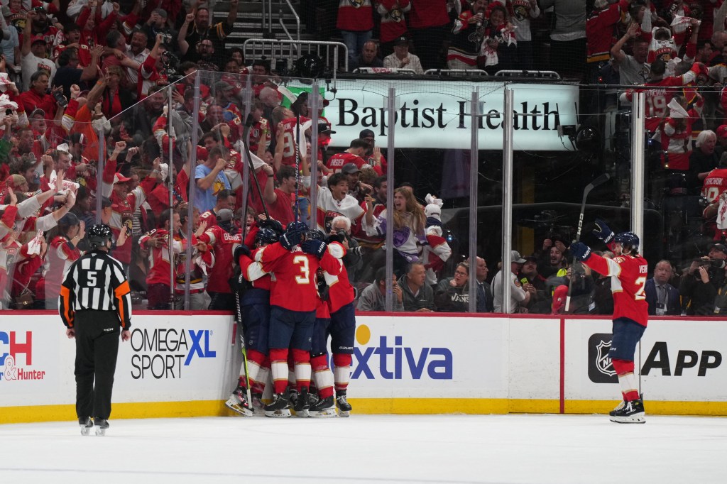 Florida Panthers players celebrating a goal during the Stanley Cup Final.