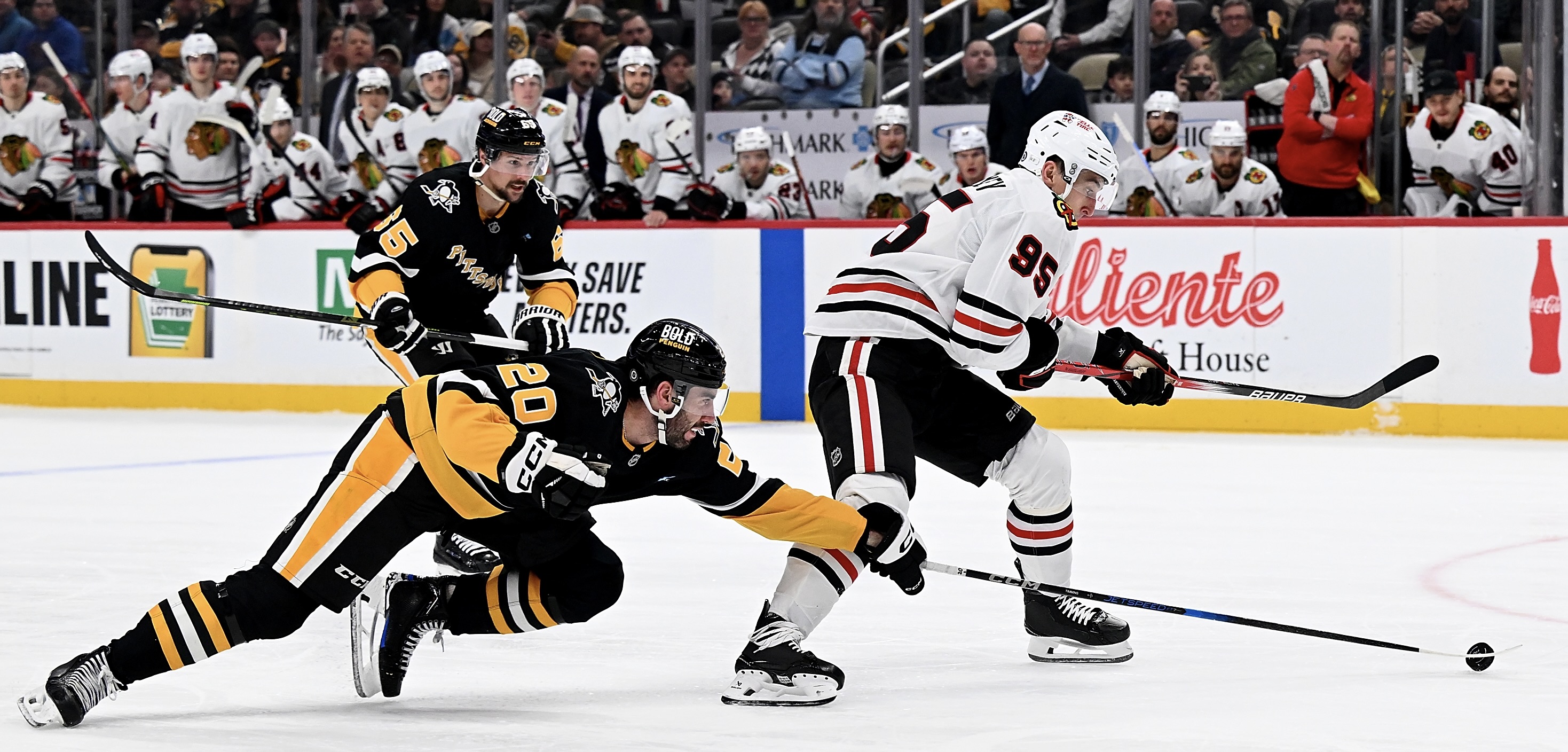 Conor Timmins dives to pokecheck the Blackhawks' Ilya Mikheyev on a partial break in the second period Tuesday night at PPG Paints Arena. Conor Timmins dives to pokecheck the Blackhawks' Ilya Mikheyev on a partial break in the second period Tuesday night at PPG Paints Arena.