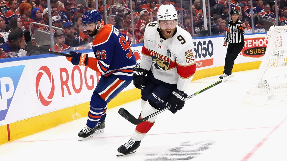 EDMONTON, CANADA - JUNE 04: Sam Bennett #9 of the Florida Panthers celebrates his goal against the Edmonton Oilers in Game One of the 2025 Stanley Cup Final at Rogers Place on June 04, 2025 in Edmonton, Alberta, Canada.