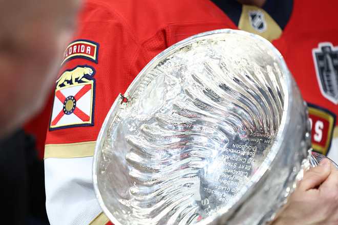 SUNRISE, FL - JUNE 17: a crack in the Stanley Cup is noticeable in the post game celebration following game six of the Stanley Cup Final between the Edmonton Oilers at the Florida Panthers on Tuesday, June 17, 2025 at Amerant Bank Arena in Sunrise, FL. (Photo by Peter Joneleit/Icon Sportswire via Getty Images)