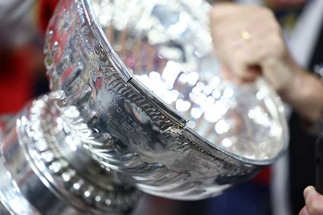 SUNRISE, FL - JUNE 17: a crack in the Stanley Cup is noticeable in the post game celebration following game six of the Stanley Cup Final between the Edmonton Oilers at the Florida Panthers on Tuesday, June 17, 2025 at Amerant Bank Arena in Sunrise, FL. (Photo by Peter Joneleit/Icon Sportswire via Getty Images)