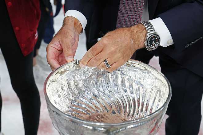 SUNRISE, FLORIDA - JUNE 17: A detailed view of the Stanley Cup after the Florida Panthers defeated the Edmonton Oilers in Game Six of the 2025 Stanley Cup Final at Amerant Bank Arena on June 17, 2025 in Sunrise, Florida. (Photo by Bruce Bennett/Getty Images)