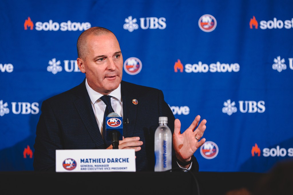 Mathieu Darche speaks to the media after being named the 7th General Manager in New York Islanders history at UBS Arena on May 29, 2025 in Elmont, New York.