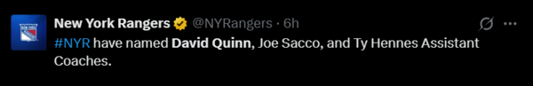 New York Rangers announce David Quinn, Joe Sacco, and Ty Hennes as new assistant coaches (Image Source: New York Rangers via X) new-york-rangers-announcement