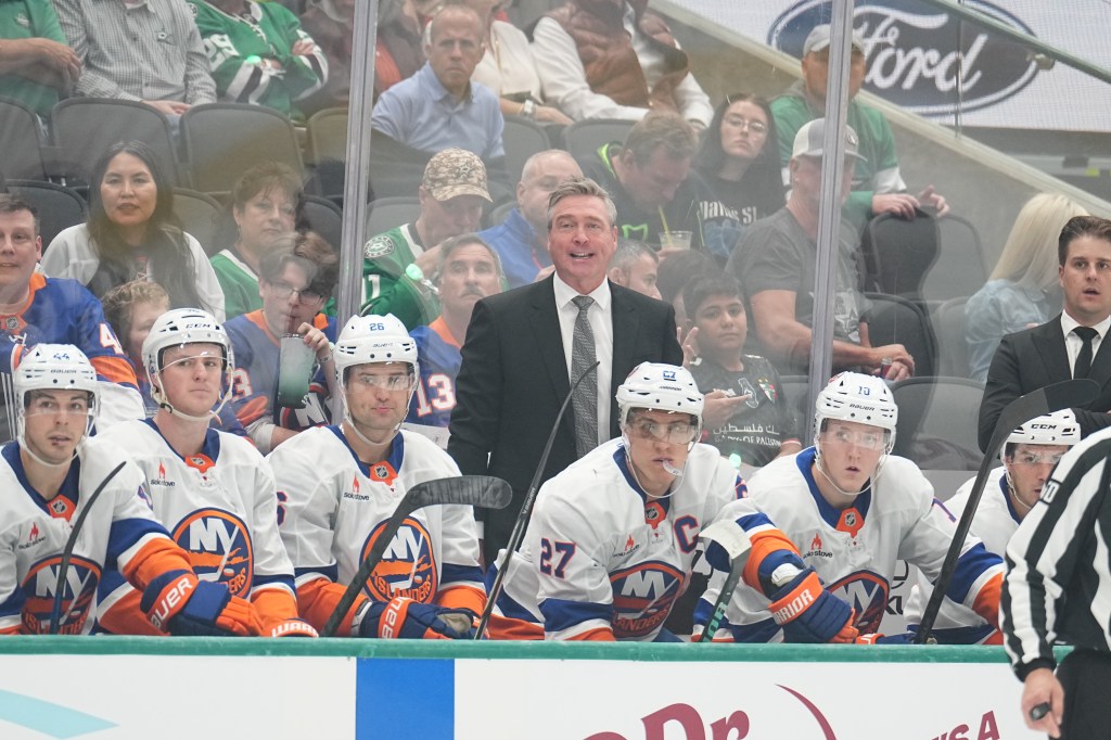 Patrick Roy behind the Islanders bench during a game against the Stars on Oct. 12, 2024.