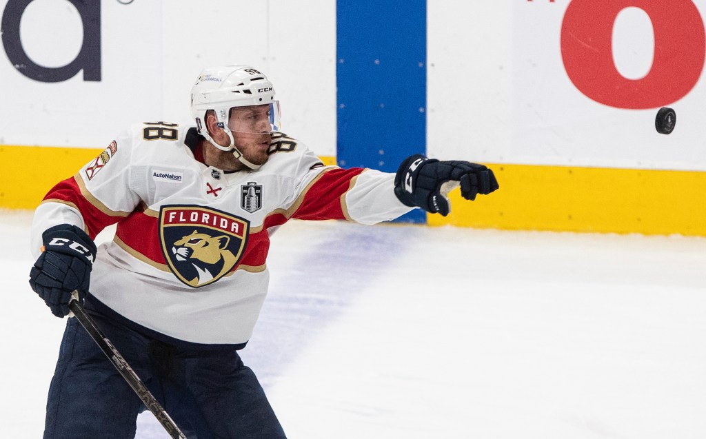 Nate Schmidt gloves a puck in Game 2 of the Stanley Cup Final.
