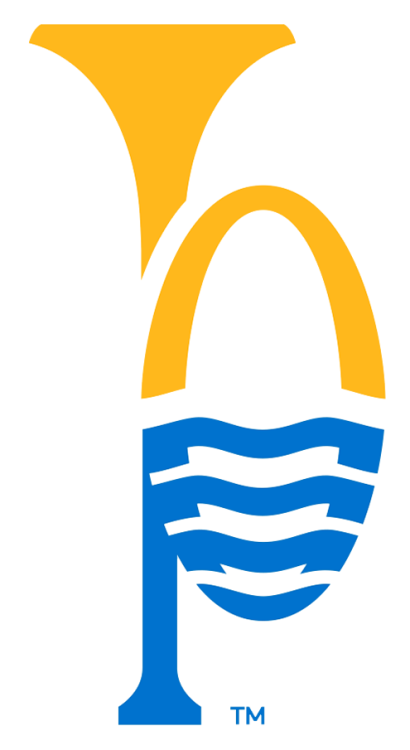 St. Louis Blues Logo Alternate Logo (2025/26-Pres) - The St. Louis Blues tertiary mark is an upward-pointing trumpet in gold and blue with the St. Louis Gateway Arch in gold and the rippling waters of the Mississippi River in blue integrated into the right side of the design. SportsLogos.Net