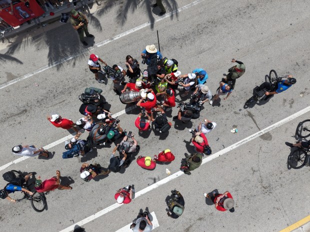 Fans celebrate during the Panthers championship parade on Fort Lauderdale...