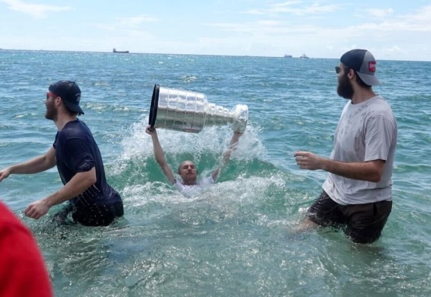Florida Panthers Matthew Tkachuk, left, Aaron Ekblad and Sam Bennett...