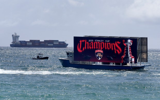 Fans celebrate at Fort Lauderdale beach as the Florida Panthers’...