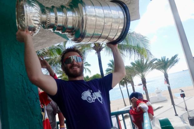 Florida Panthers left wing Matthew Tkachuk celebrates winning the the Stanley Cup at Elbo Room in Fort Lauderdale on Tuesday morning, June 25, 2024. (Joe Cavaretta/South Florida Sun Sentinel)