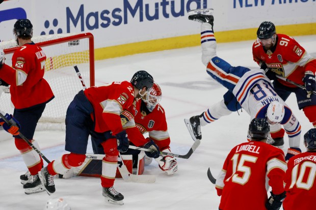 Florida Panthers goaltender Sergei Bobrovsky (72) protests the net as...