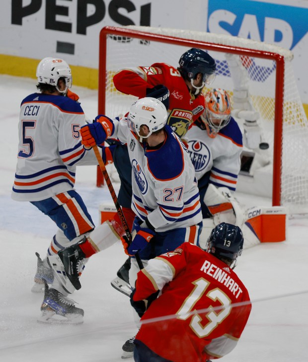Florida Panthers center Sam Reinhart (13) scores the second goal in Game 7 of Stanley Cup Final at Amerant Bank Arena in Sunrise on Monday, June 24, 2024. (Mike Stocker/South Florida Sun Sentinel)
