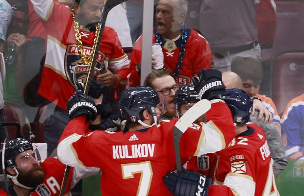 The bench celebrates as Florida Panthers center Sam Reinhart (13) scores the second goal in Game 7 of Stanley Cup Final at Amerant Bank Arena in Sunrise on Monday, June 24, 2024. (Mike Stocker/South Florida Sun Sentinel)