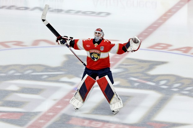 Florida Panthers goalie Sergei Bobrovsky warms up before Game 7...