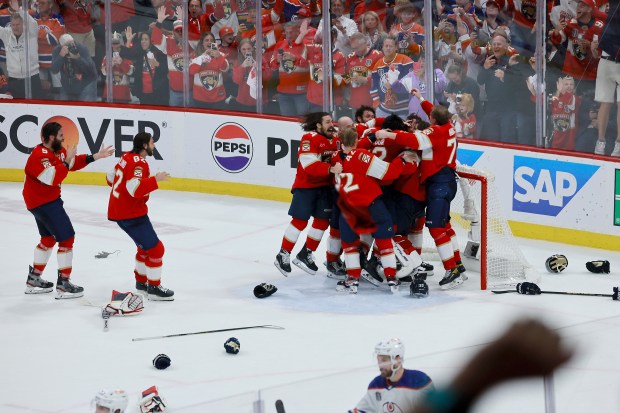 The team celebrates as Florida Panthers win Game 7 of Stanley Cup Final at Amerant Bank Arena in Sunrise on Monday, June 24, 2024. (Mike Stocker/South Florida Sun Sentinel)