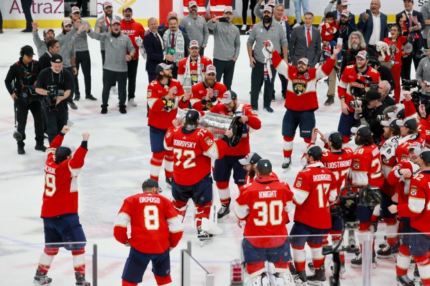 Florida Panthers center Aleksander Barkov (16) passes the Stanley Cup...