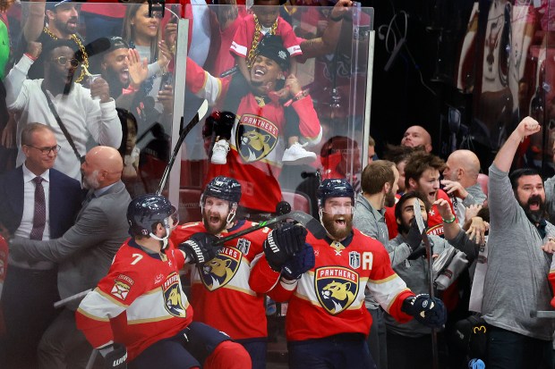 The Florida Panthers bench erupts as they win Game 7 of Stanley Cup Final at Amerant Bank Arena in Sunrise on Monday, June 24, 2024. (Mike Stocker/South Florida Sun Sentinel)