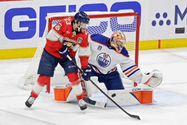Florida Panthers center Carter Verhaeghe scores a goal against Edmonton...