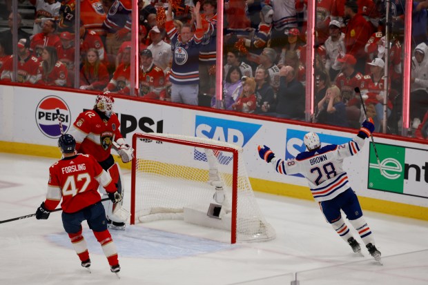 Edmonton Oilers right wing Connor Brown (28) celebrates after the...