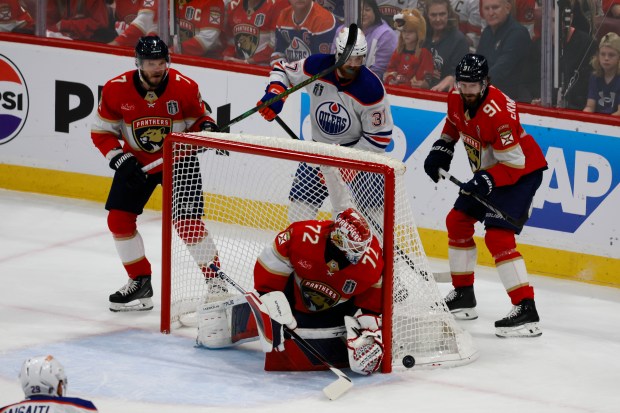 Florida Panthers goaltender Sergei Bobrovsky (72) blocks a goal against...