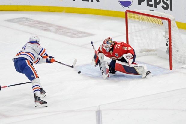 Edmonton Oilers center Mattias Janmark scores a goal against Florida...
