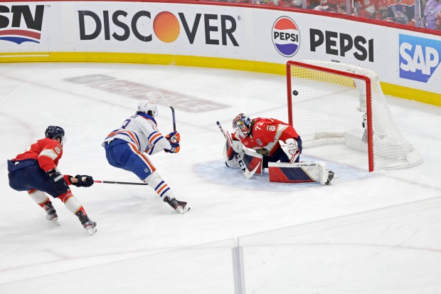 Edmonton Oilers center Mattias Janmark scores a goal against Florida...