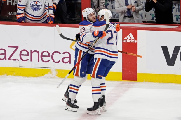 Edmonton Oilers center Mattias Janmark celebrates after scoring a goal...